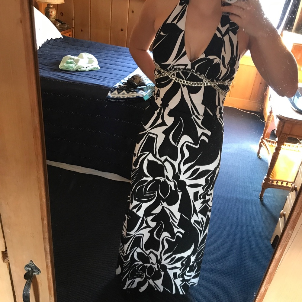 Maxi Black White Halter Dress Rhinestones MaryL